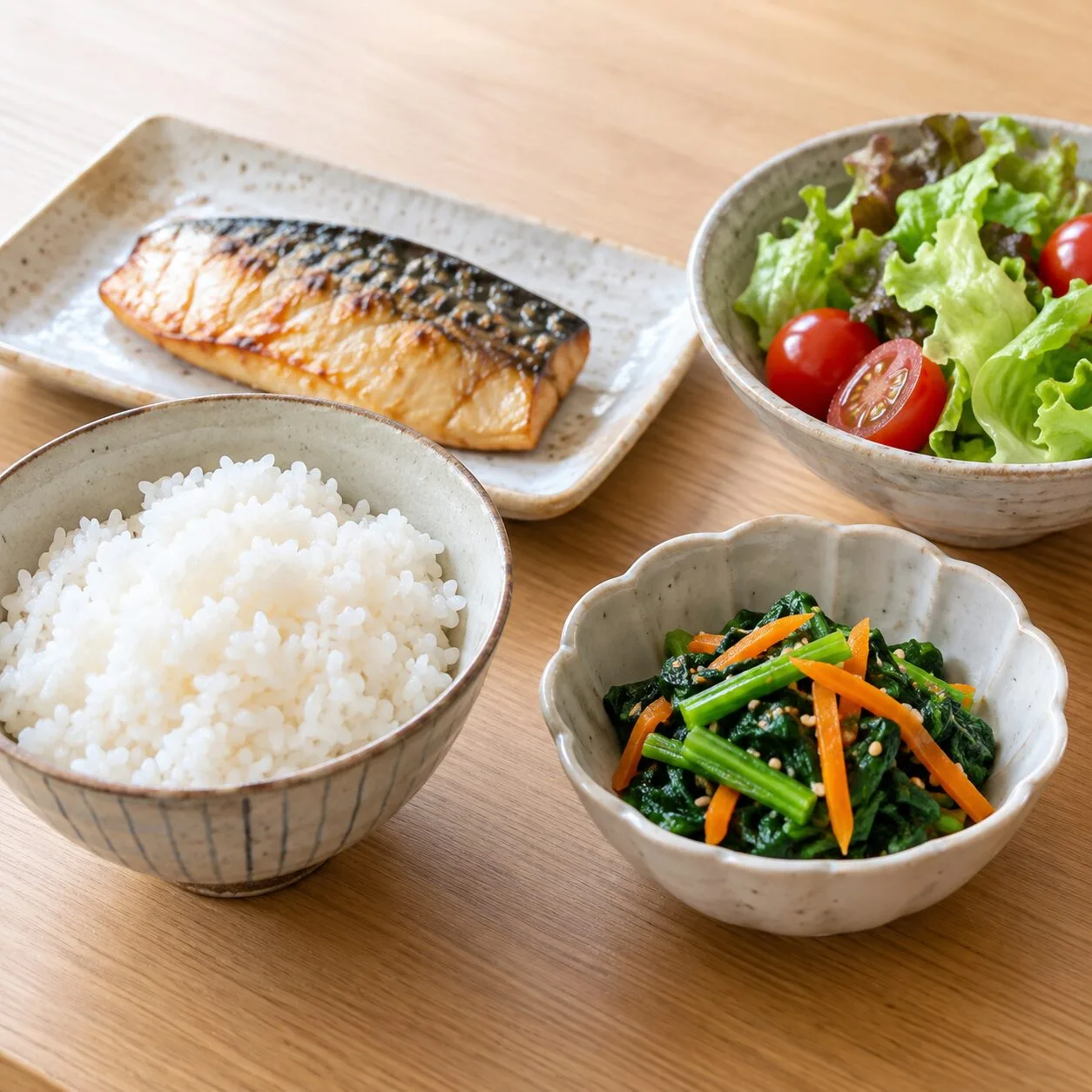 ごはんと焼き魚、ほうれん草とにんじんのおかず、サラダを並べた食卓。