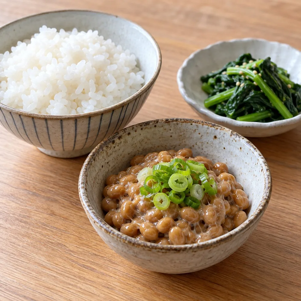 器に盛った納豆とごはんとほうれん草のおひたし