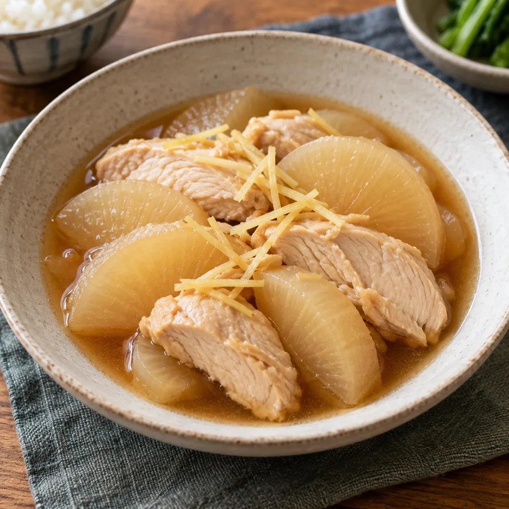 鶏むね肉と大根をしょうが風味の煮汁で煮た料理。