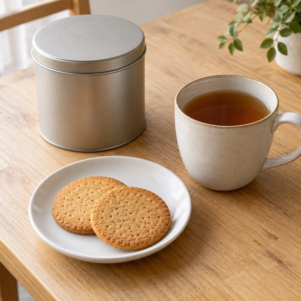 小皿のビスケットとお茶、お菓子の保存容器。