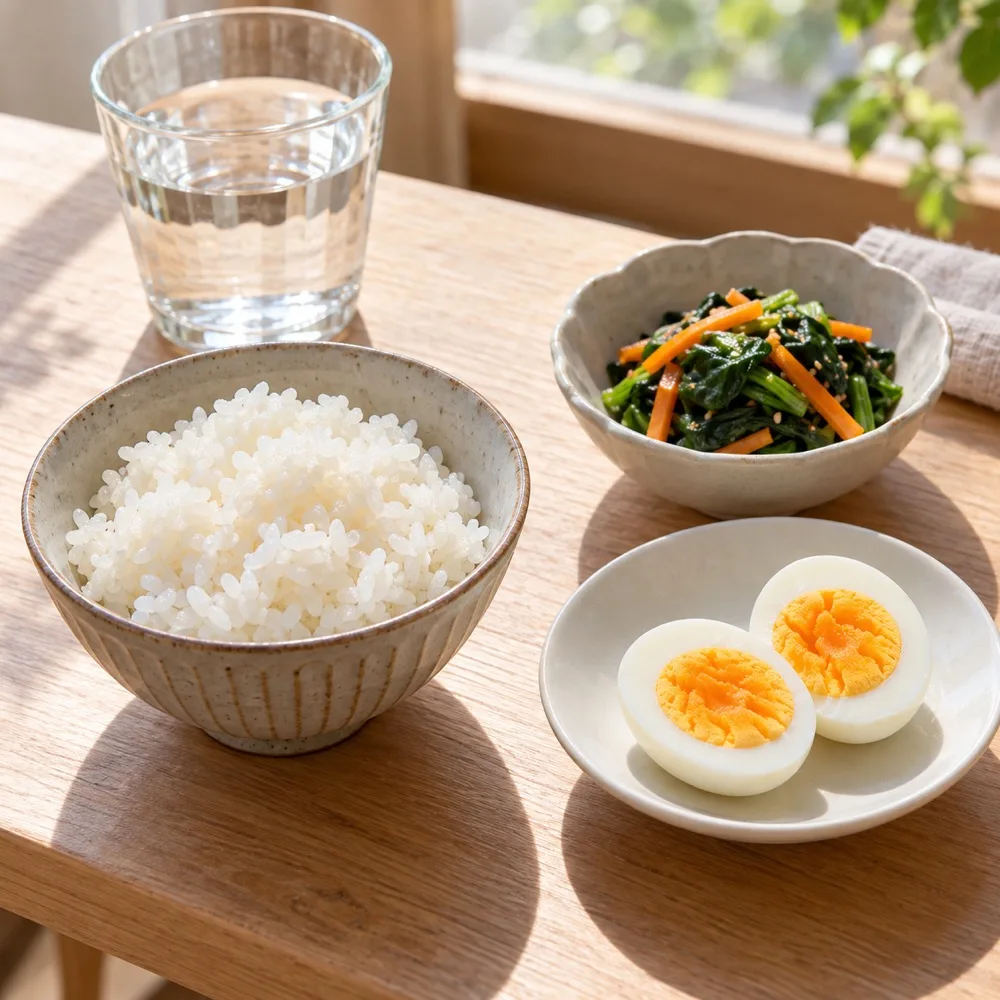 ごはん、ゆで卵、ほうれん草とにんじんのおかずを並べた朝食。