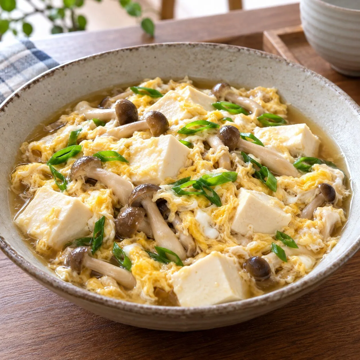 豆腐としめじを十分に火を通した卵でとじたおかず。