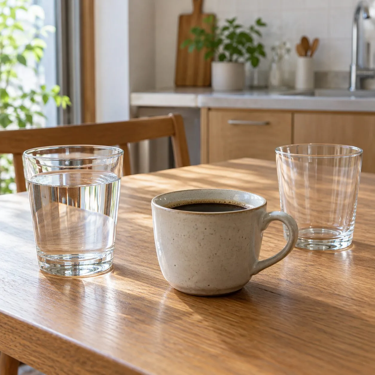 テーブルに置いた水のグラスと無糖のブラックコーヒー。