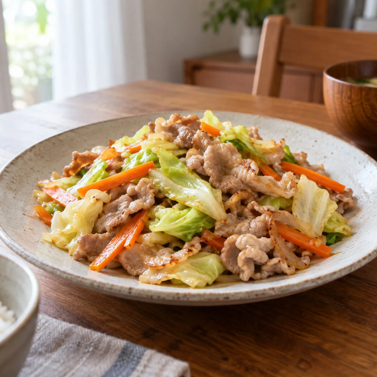 十分に加熱した豚肉とキャベツ、にんじんのみそ炒め。